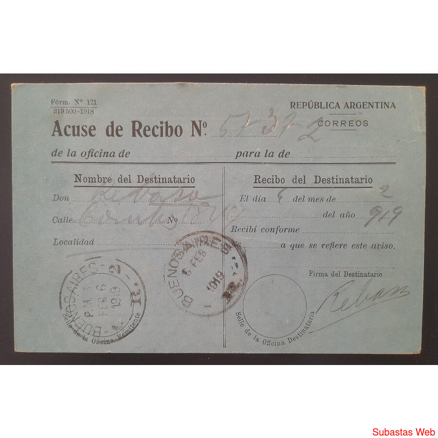 ARGENTINA 1919. ANTIGUO ACUSE DE RECIBO DE CORREO REGISTRADO