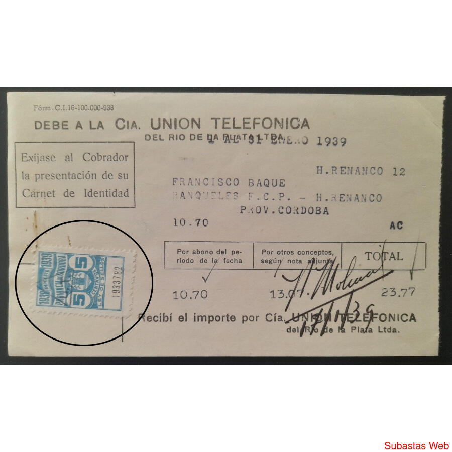 ARGENTINA 1939 ANTIGUO RECIBO DE UNIÓN TELEFÓNICA. RELIQUIA!