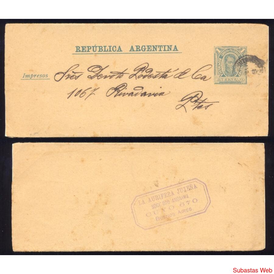 ARGENTINA 1890 FAJA POSTAL GJ13 CIRCULADA LA AURIFERA JUJEÑA