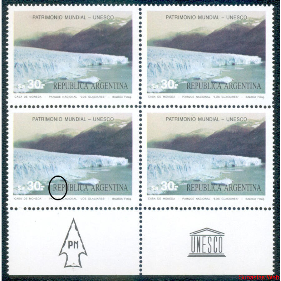 ARGENTINA GJ2182 GLACIARES CUADRO MINT VARIEDAD DE IMPRESION