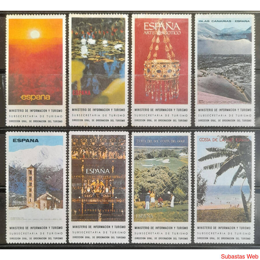 ESPAÑA. LOTE DE 8 VIÑETAS OFICIALES DE DIFUSIÓN DEL TURISMO!