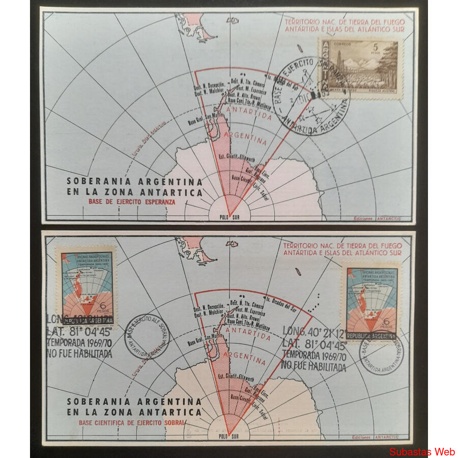 TARJETAS ANTÁRTICAS 1965 BASE ESPERANZA + OTRA VIAJE TRUNCO!