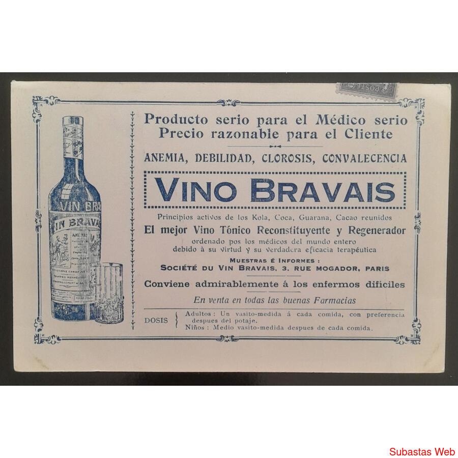 MUY ANTIGUA POSTAL CON PROPAGANDA DE VINO BRAVAIS AL DORSO