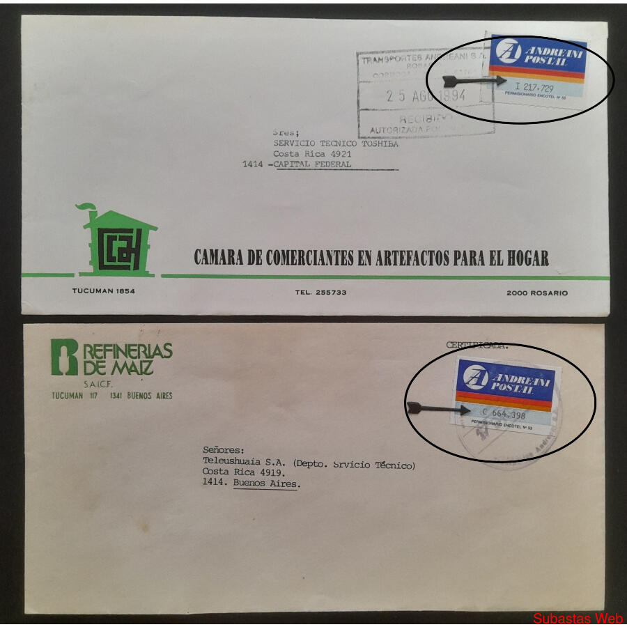 ARGENTINA CORREO ANDREANI 2 VIEJAS CARTAS SIN CÓDIGO BARRAS!