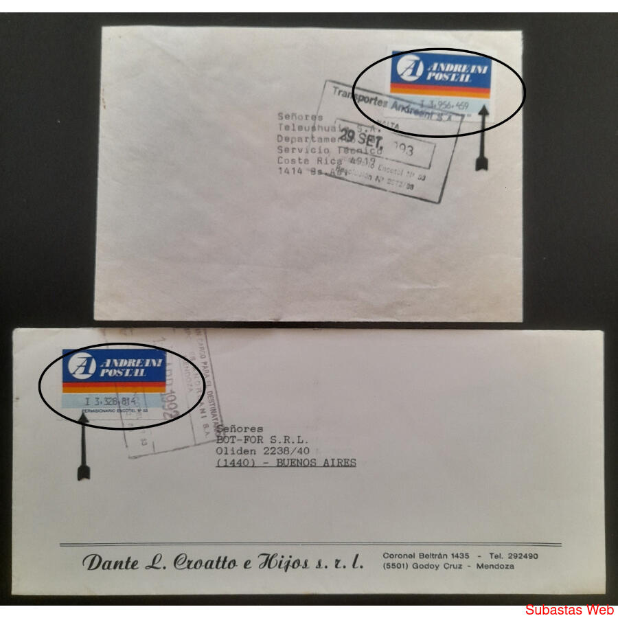 ARGENTINA CORREO ANDREANI 2 VIEJAS CARTAS SIN CÓDIGO BARRAS!