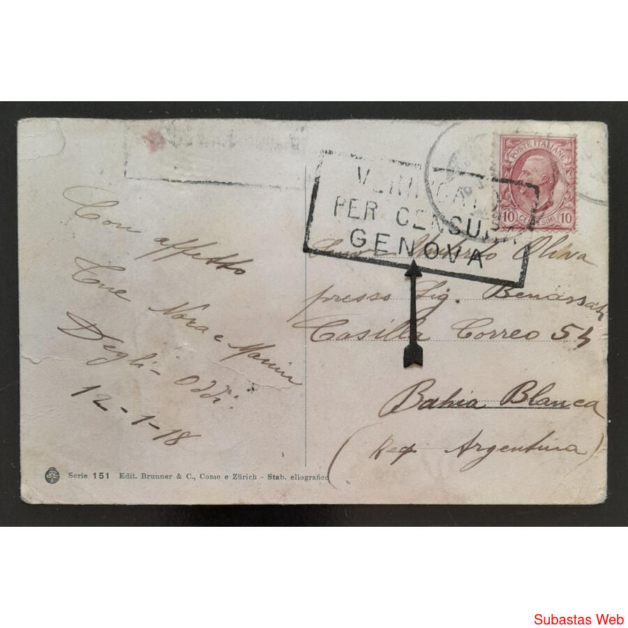 ITALIA. 1era GUERRA MUNDIAL POSTAL PASADA CENSURA DE GENOVA