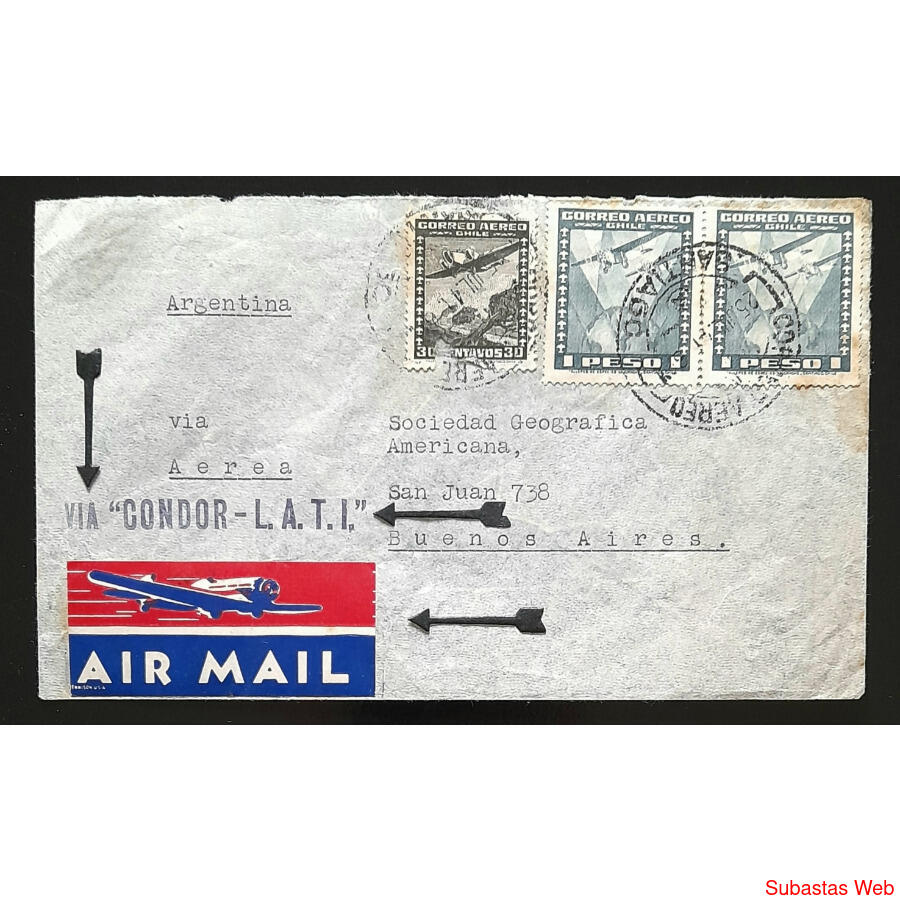 CHILE 1941 ESPLENDIDO SOBRE VÍA AÉREA  *VÍA CÓNDOR L.A.T.I.*