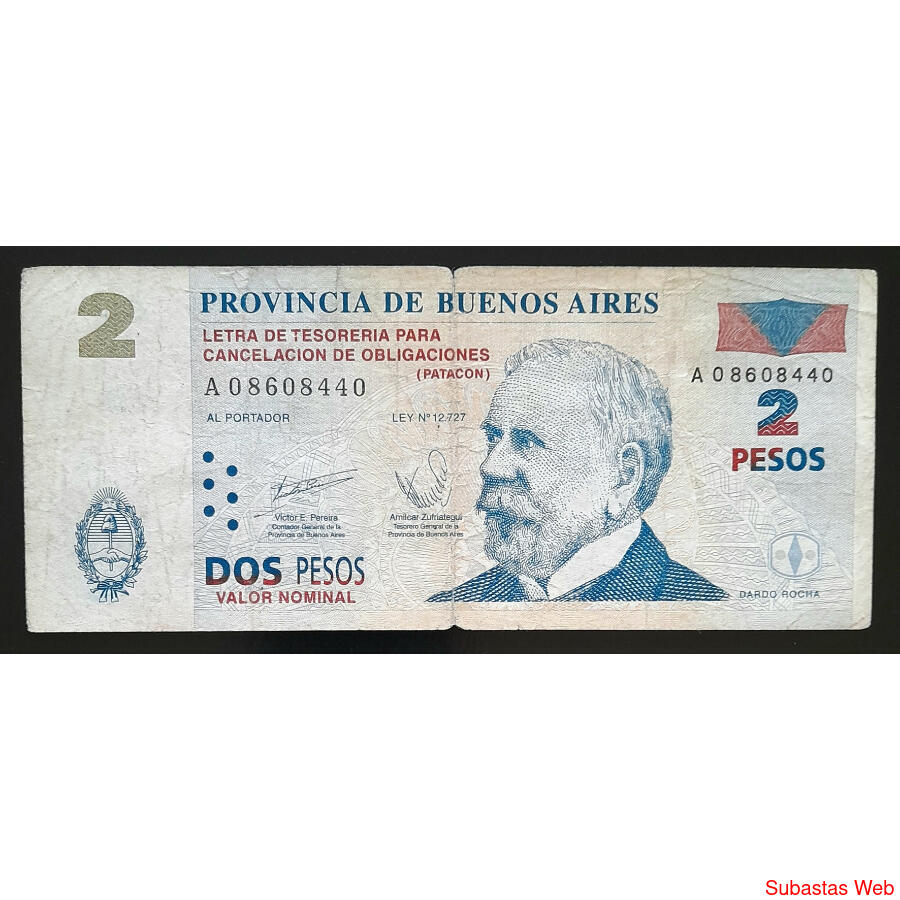 PROV. Bs. As. BONO 2 PESOS *PATACÓN* DARDO ROCHA. CIRCULADO!