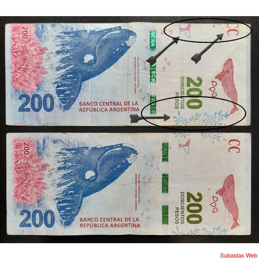 ARGENTINA. BILLETE DE 200 PESOS *BALLENA* CON VARIEDAD. RARO