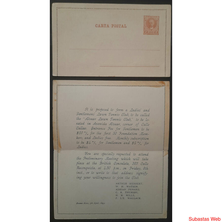 ARGENTINA 1892 GJCAP10 C. POSTAL INVITACIÓN IMPRESA. TENIS!!