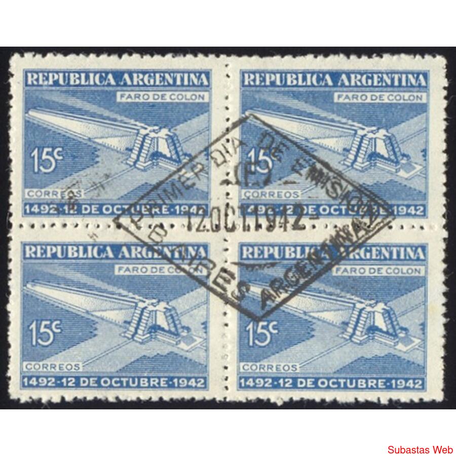 ARGENTINA GJ868 FARO DE COLON CUADRITO 1er DÍA EMISION. U$24