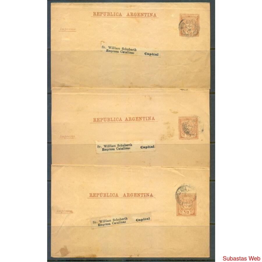 ARGENTINA 1889. LOTE DE 3 FAJAS POSTALES GJ10 CIRCULADAS!!!!