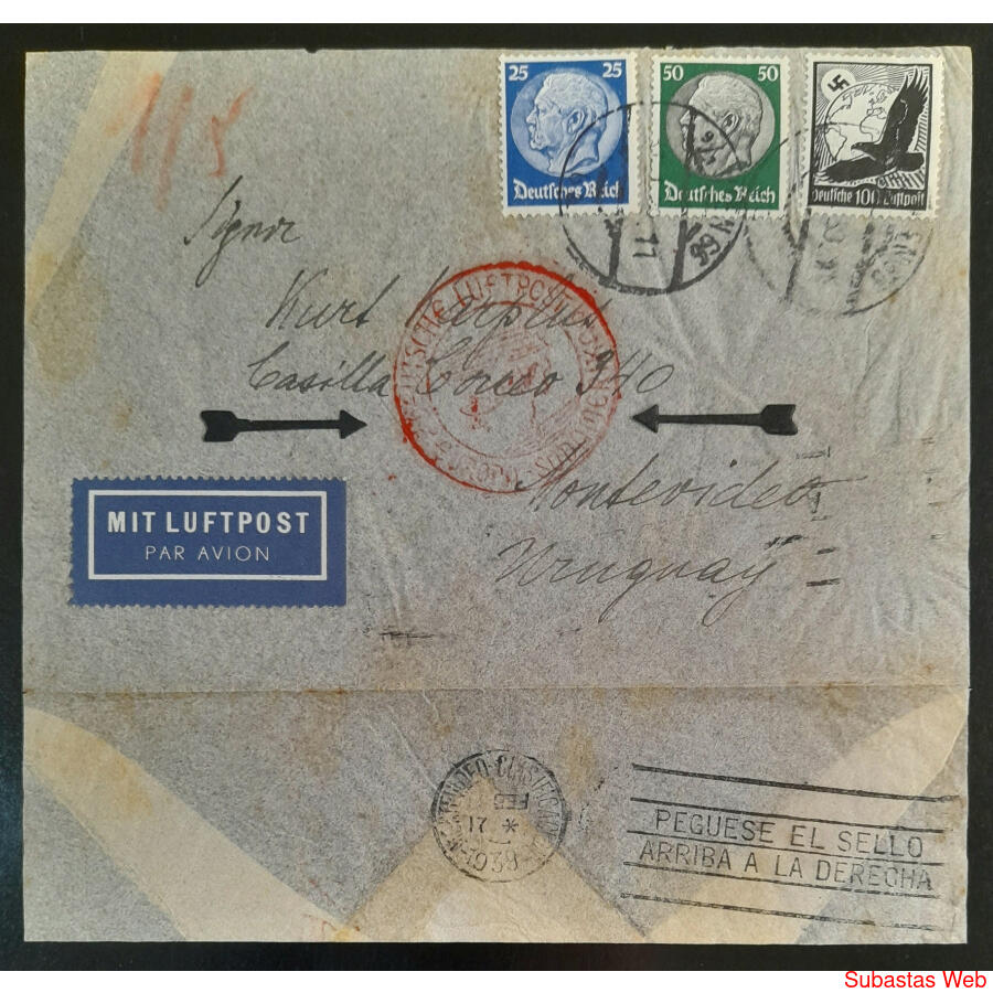 ALEMANIA 1939 MAGNIFICO SOBRE VOLADO VÍA ZEPPELIN A URUGUAY!