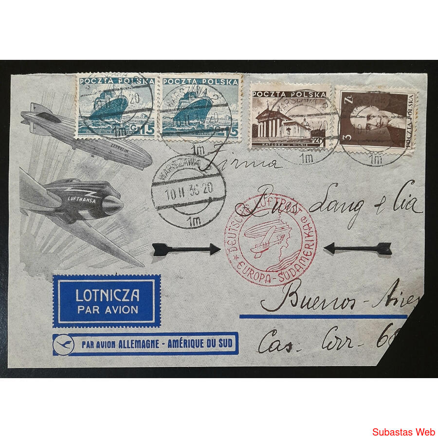 POLONIA 1936 HERMOSO SOBRE VOLADO VÍA ZEPPELIN A ARGENTINA