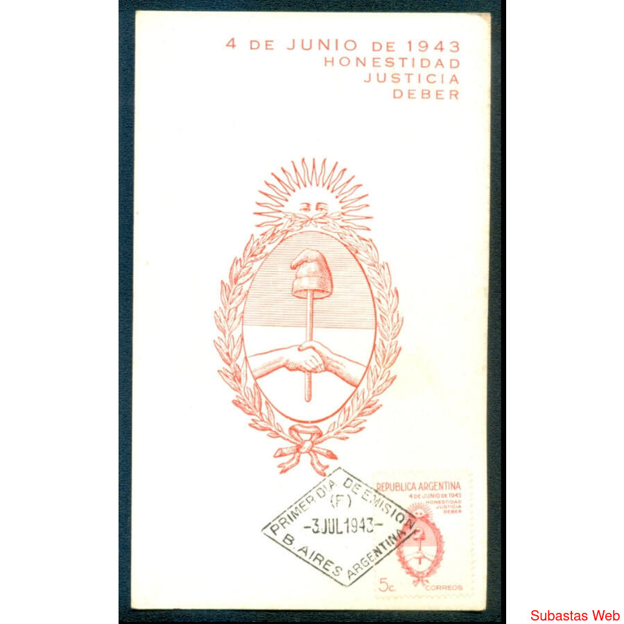 ARGENTINA GJ896 - 4 JUNIO 1943. ESPECTACULAR TARJETA MÁXIMA!
