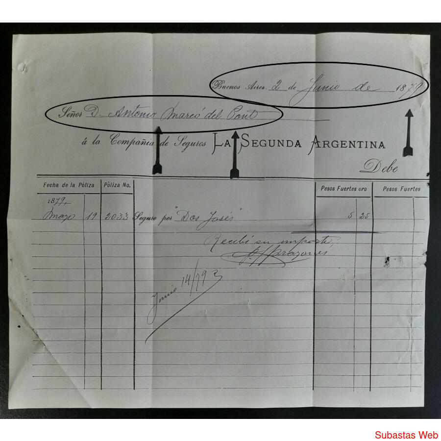 1879 RECIBO HISTÓRICO DE **ANTONIO MARCO DEL PONT** FIRMADO!