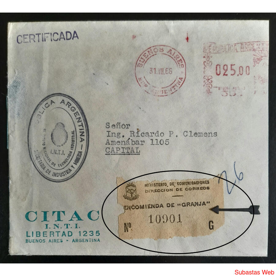 ARGENTINA SOBRE CERTIFICADO ETIQUETA *ENCOMIENDA DE GRANJA*