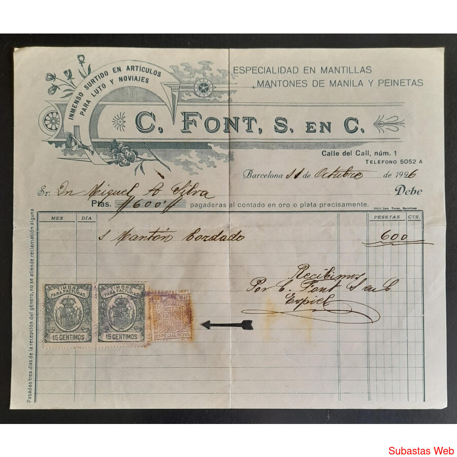 BARCELONA 1921 ANTIGUA FACTURA CON 3  TIMBRES FISCALES. VER!