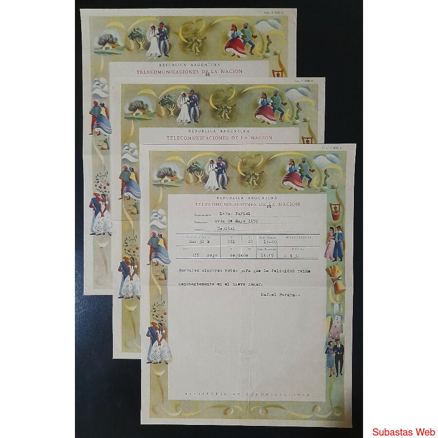 1952 ESPECTACULAR LOTE DE 3 ANTIGUOS TELEGRAMAS DE LUJO @1