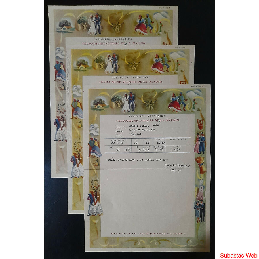 1952 ESPECTACULAR LOTE DE 3 ANTIGUOS TELEGRAMAS DE LUJO @3