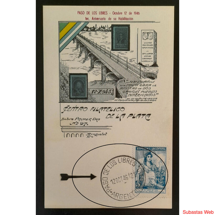 1946 MAGNIFICA TARJETA MATASELLO SIMPLE *PASO DE LOS LIBRES*