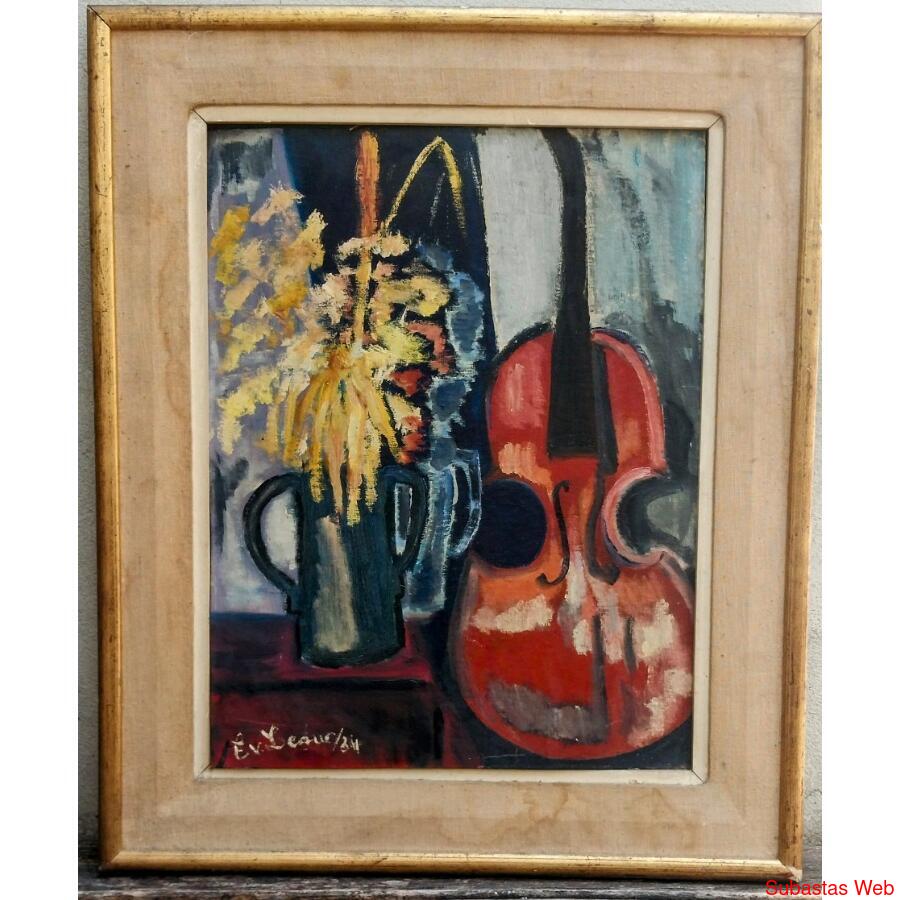 "Flores y guitarra ". Oleo.  Firmado.  Original.