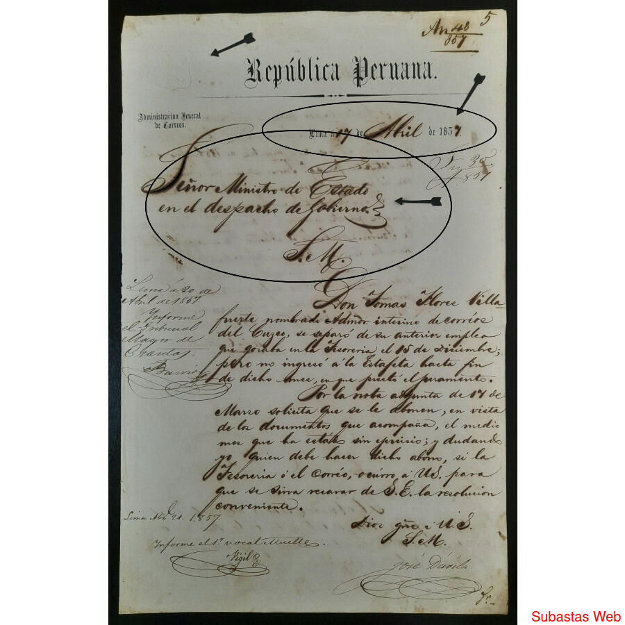 PERÚ 1857 IMPACTANTE CARTA OFICIAL DE NOMBRAMIENTO EN CORREO
