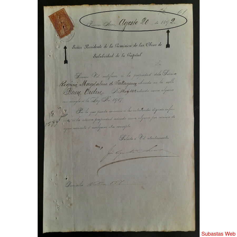 1892 CARTA OFICIAL DEL PRESIDENTE DE LA COMISIÓN SALUBRIDAD