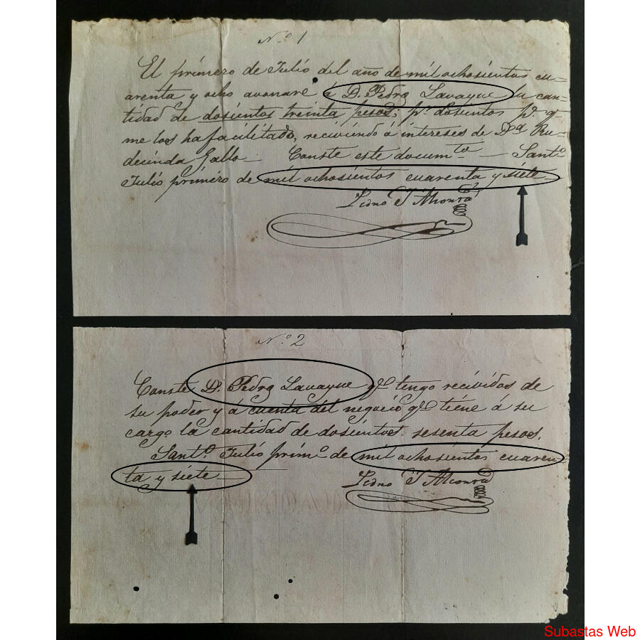 1848 2 ANTIGUOS DOCUMENTOS PAGARE DE DON PEDRO LAVAYSEE
