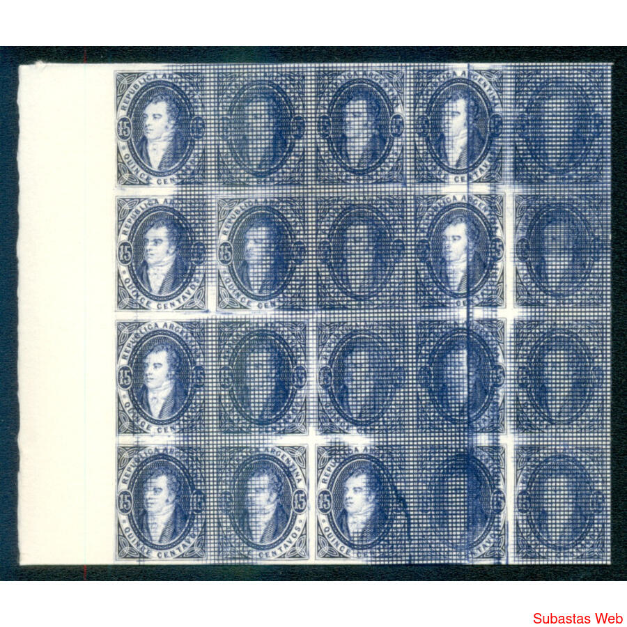 ARGENTINA GJ22 RIVADAVIA 15c AZUL BLOCK x 20 REIMP. DE PALEY