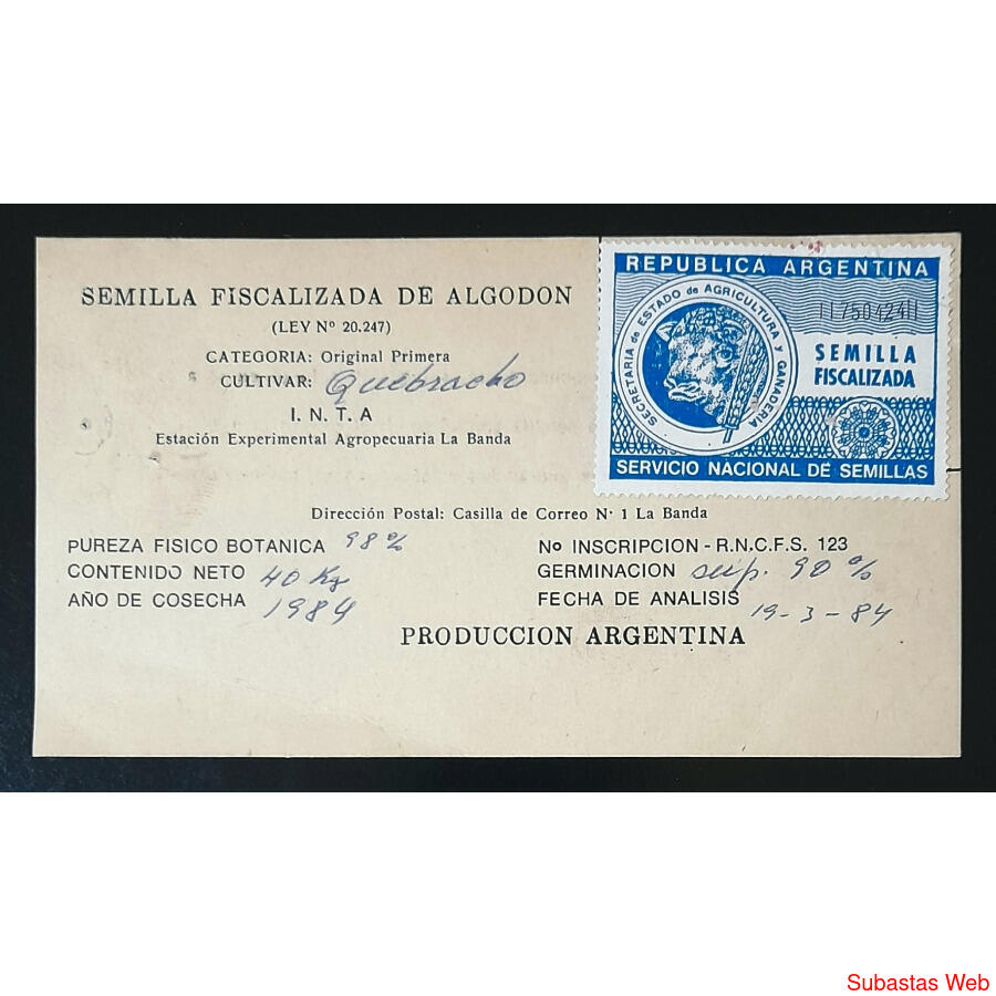 ANTIGUA TARJETA CON HERMOSO SELLO FISCAL SEMILLAS DE ALGODÓN