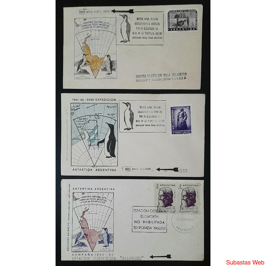3 ANTIGUOS SOBRES DE VIAJES ANTÁRTICOS TRUNCOS. GOMIGRAFOS!!