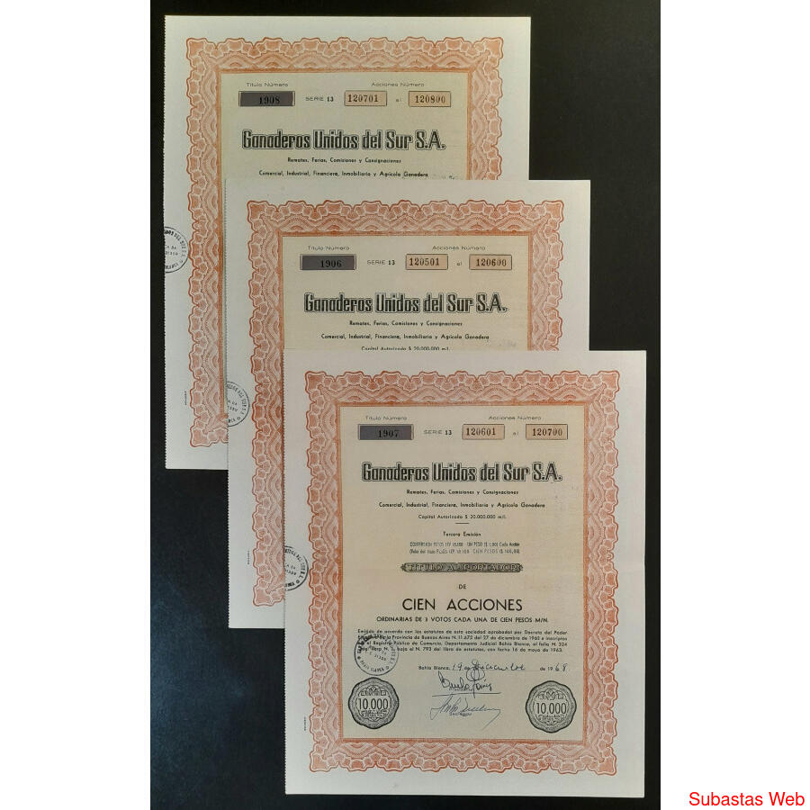 ARGENTINAS 3 ACCIONES AL PORTADOR *GANADEROS UNIDOS DEL SUR*