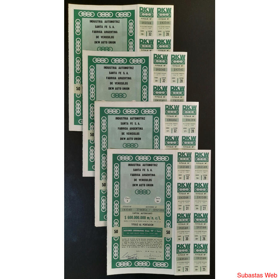 ARGENTINAS 4 ACCIONES AL PORTADOR DE AUTO UNIÓN - DKW. LUJO!