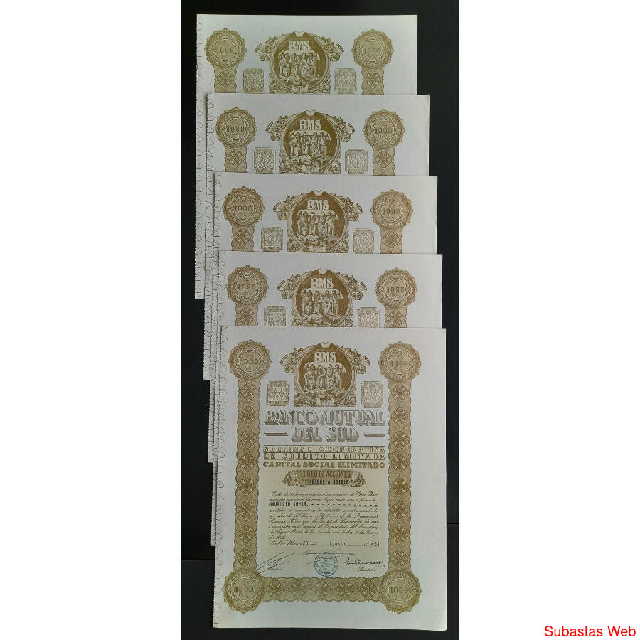 ARGENTINAS 5 ACCIONES AL PORTADOR *BANCO MUTUAL DEL SUD* @1