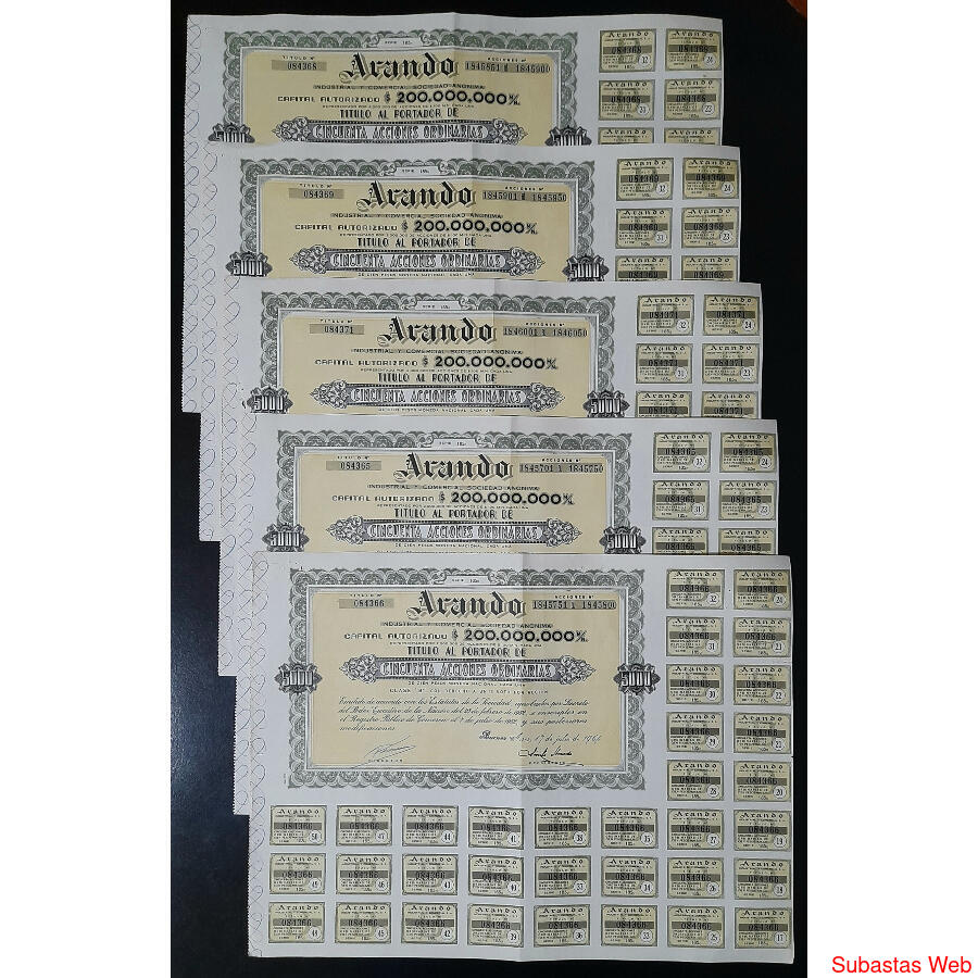 ARGENTINAS 5 ACCIONES AL PORTADOR DE LA FIRMA **ARANDO** @3