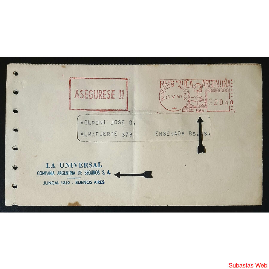 ARGENTINA. 1967 SOBRE LA UNIVERSAL SEGUROS **PERMISO 968**