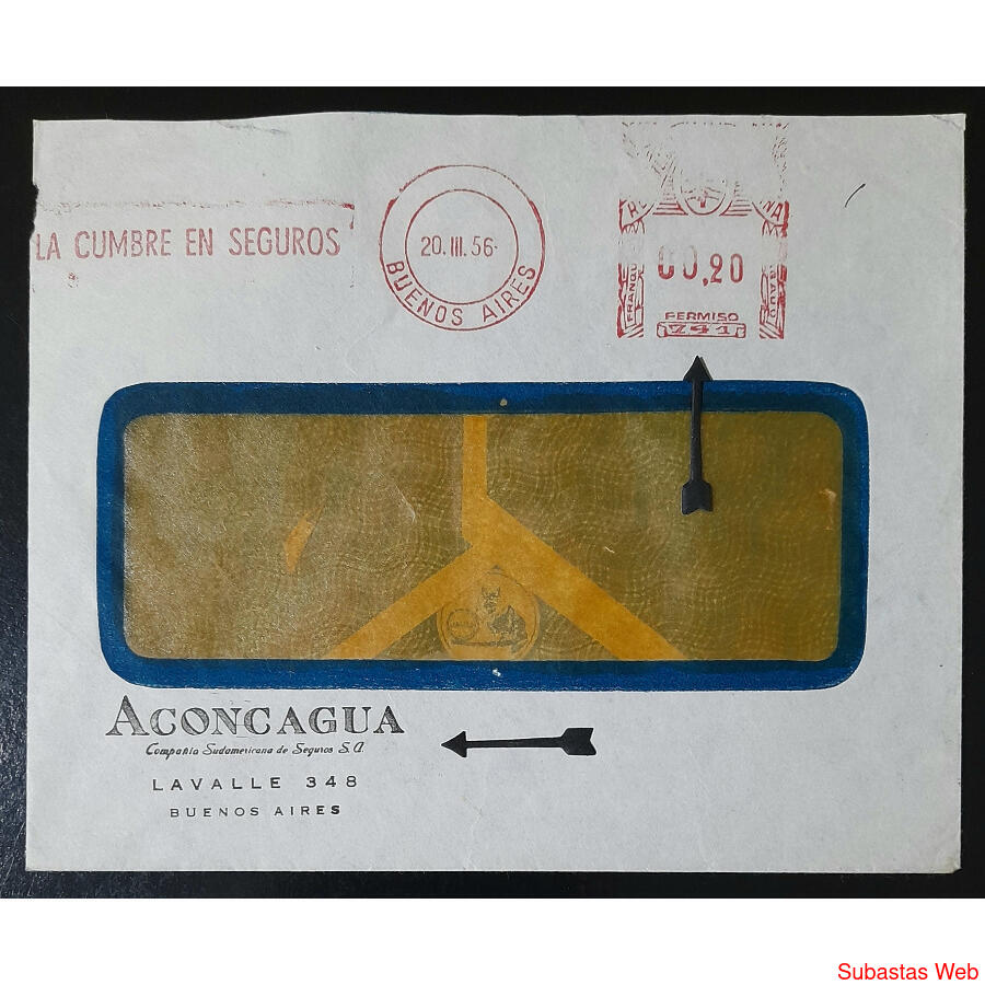ARGENTINA 1956 SOBRE ACONCAGUA SEGUROS **PERMISO 741**